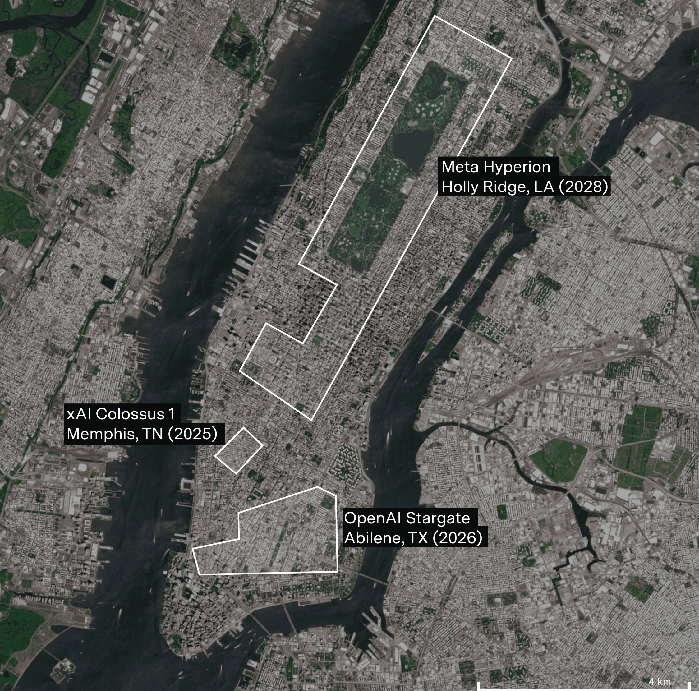 Carte satellite des plus grands data centers IA comparés à Manhattan
