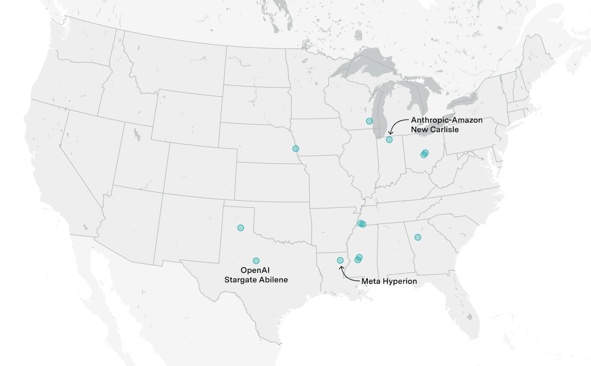 Carte des data centers dans le Midwest américain